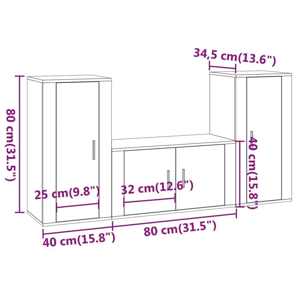 3 Piece TV Cabinet Set White Wall-Mounted Engineered Wood Storage Unit