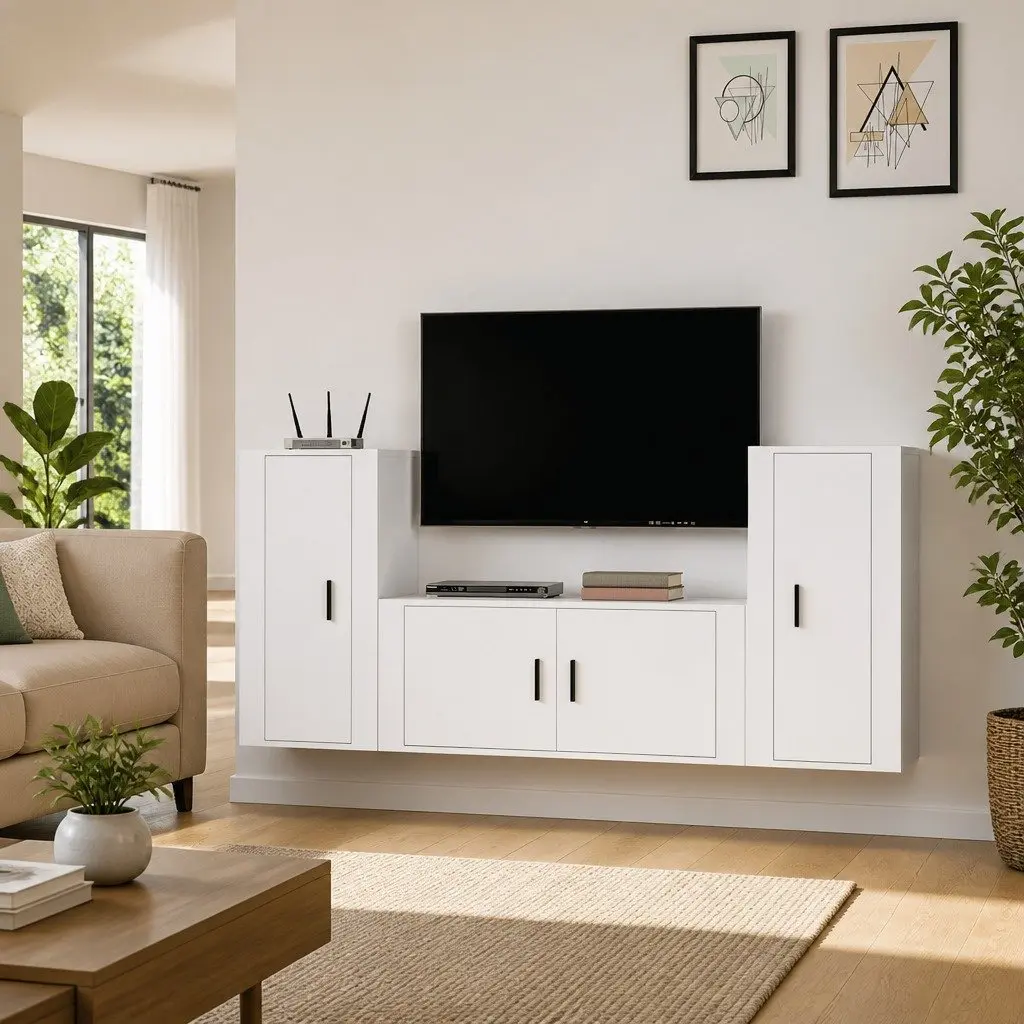 TV Cabinet Set White Engineered Wood Wall-Mounted Storage Unit 3 Piece