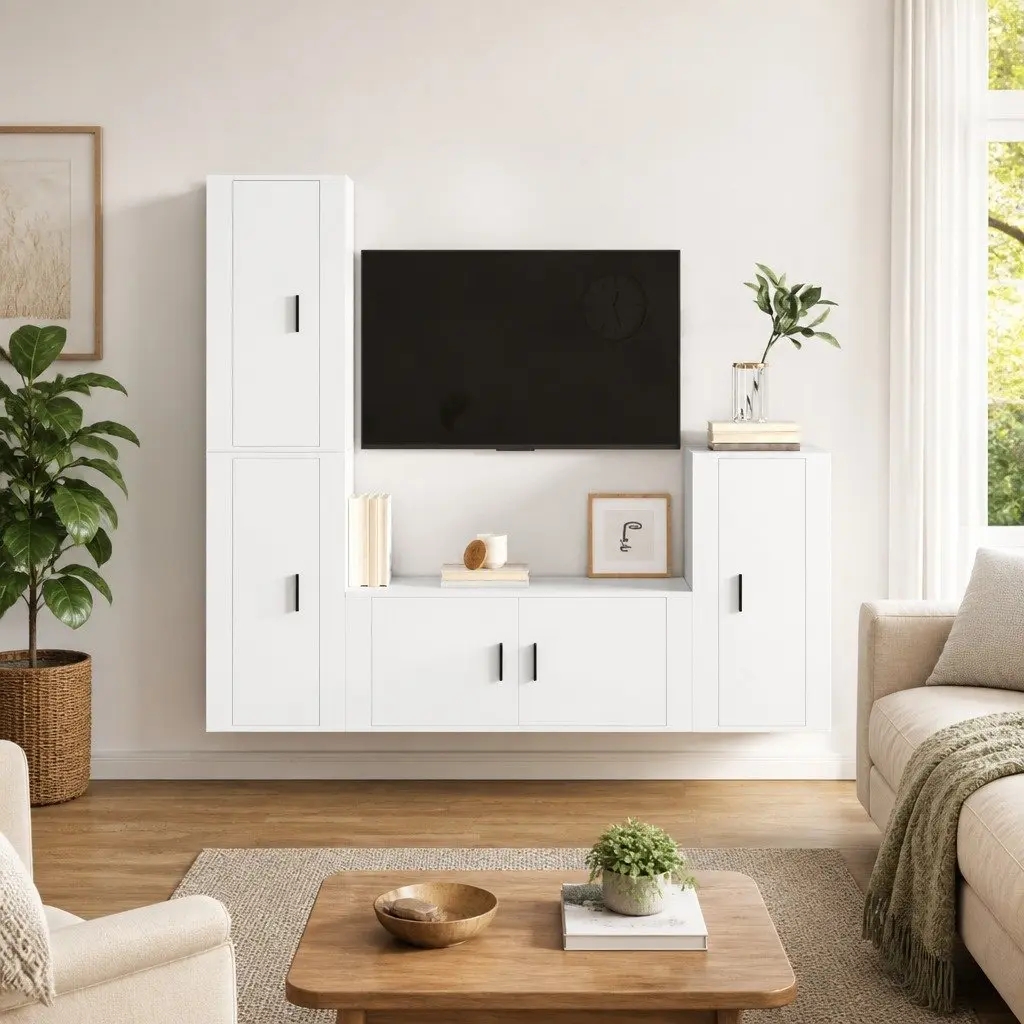 TV Cabinet Set 4 Piece White Wall-Mounted Storage Organiser Engineered Wood