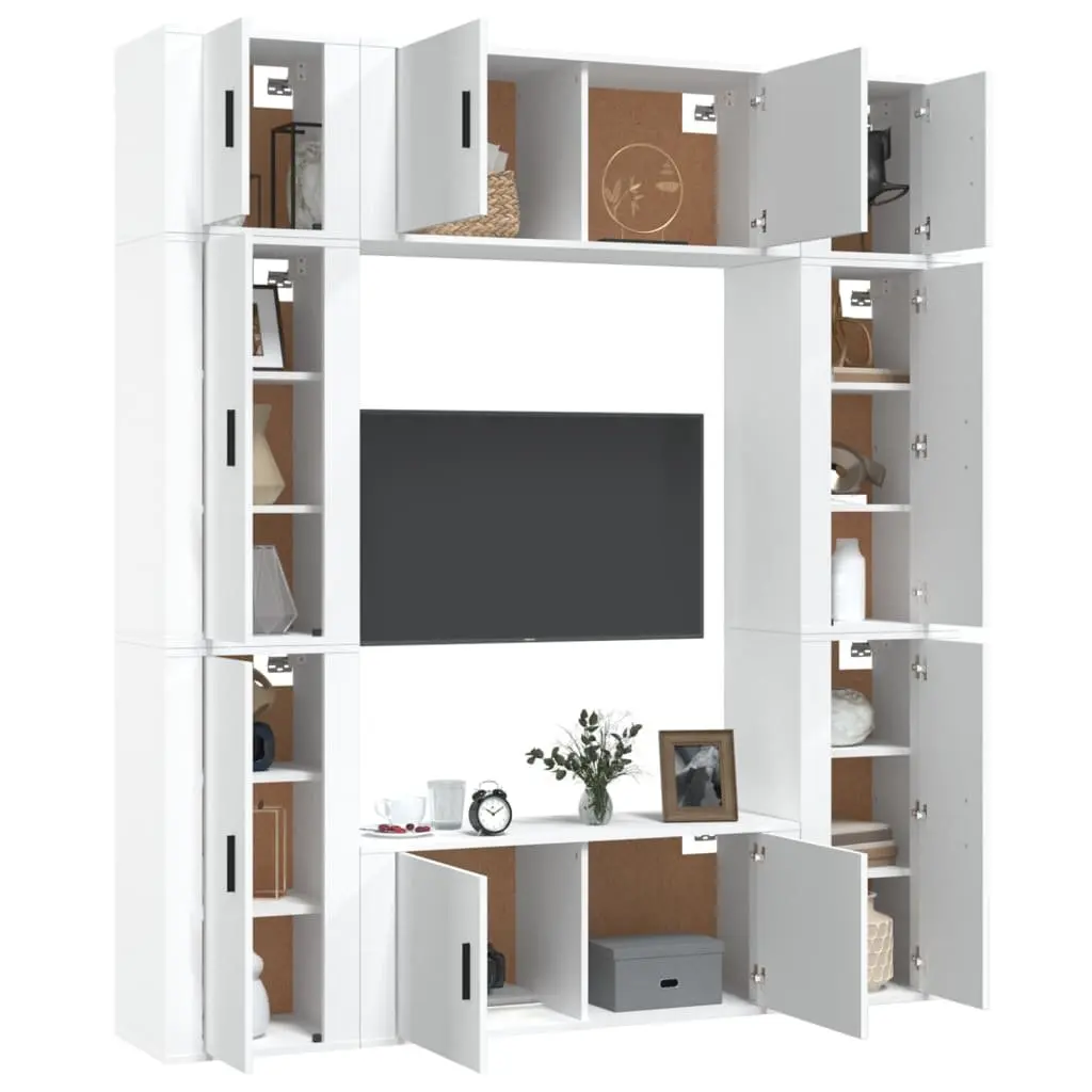 TV Cabinet Set Wall Mounted Storage Unit White Living Room Furniture 8 Piece