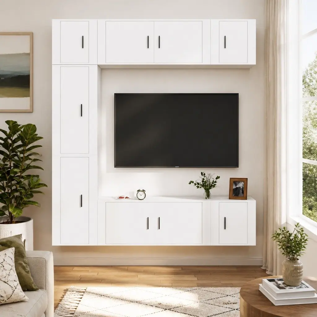 TV Cabinet Set 7 Piece White Wall-Mounted Storage Engineered Wood Unit