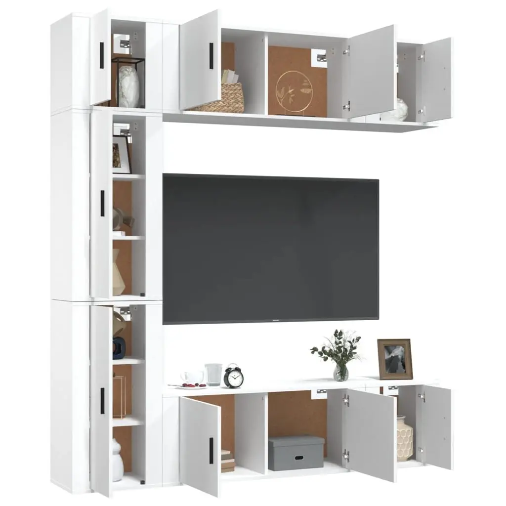 TV Cabinet Set 7 Piece White Wall-Mounted Storage Engineered Wood Unit