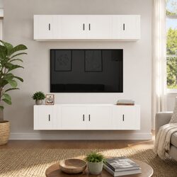 Compact White 6 Piece Wall-Mounted TV Cabinet Set