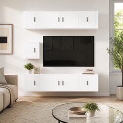 7 Piece TV Cabinet Set Wall Mounted Storage Unit White Engineered Wood Furniture