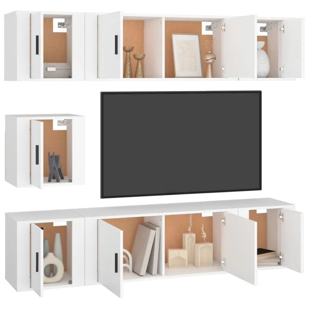 7 Piece TV Cabinet Set White Wall Mounted Storage Unit Engineered Wood Furniture