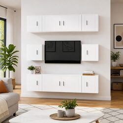 8 Piece White Wall-Mounted TV Cabinet Set