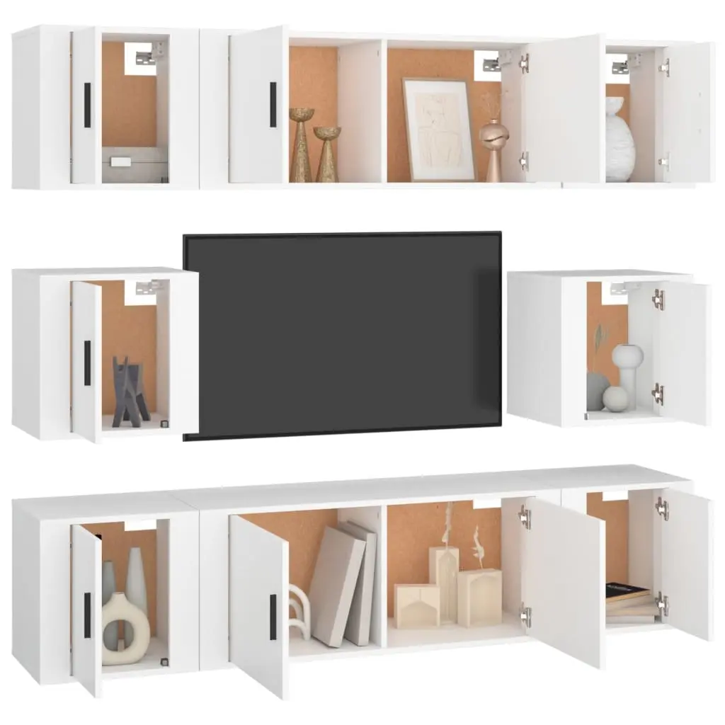 TV Cabinet Set White 8 Piece Wall-Mounted Storage Unit Engineered Wood