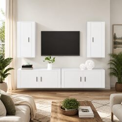 4 Piece TV Cabinet Set Wall Mounted Storage Unit White Engineered Wood Furniture