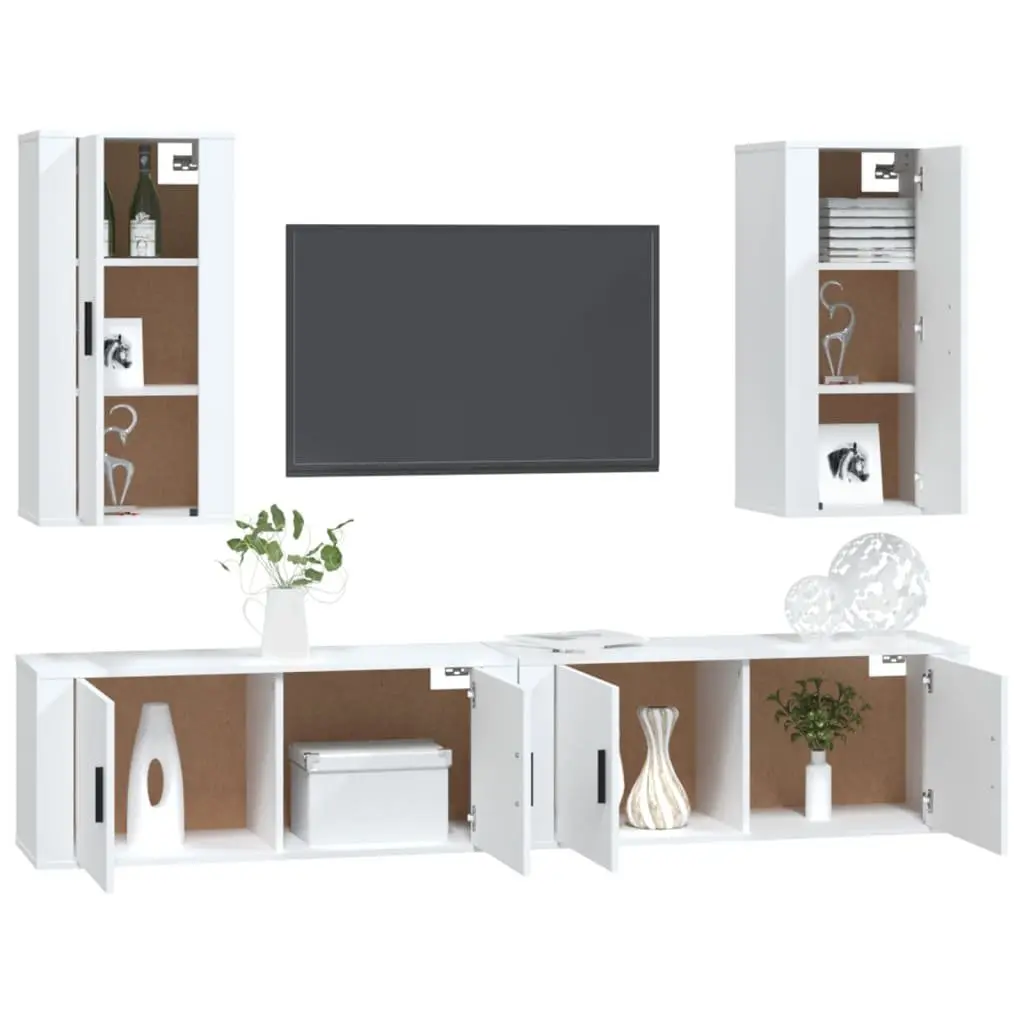 4 Piece TV Cabinet Set White Wall Mounted Storage Unit Engineered Wood