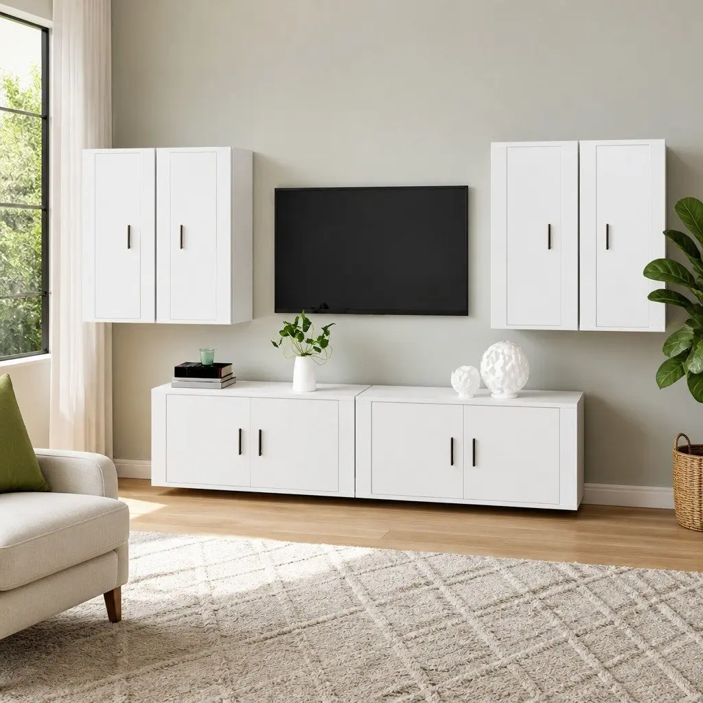 TV Cabinet Set 6 Piece White Wall-Mounted Storage Unit Living Room Furniture