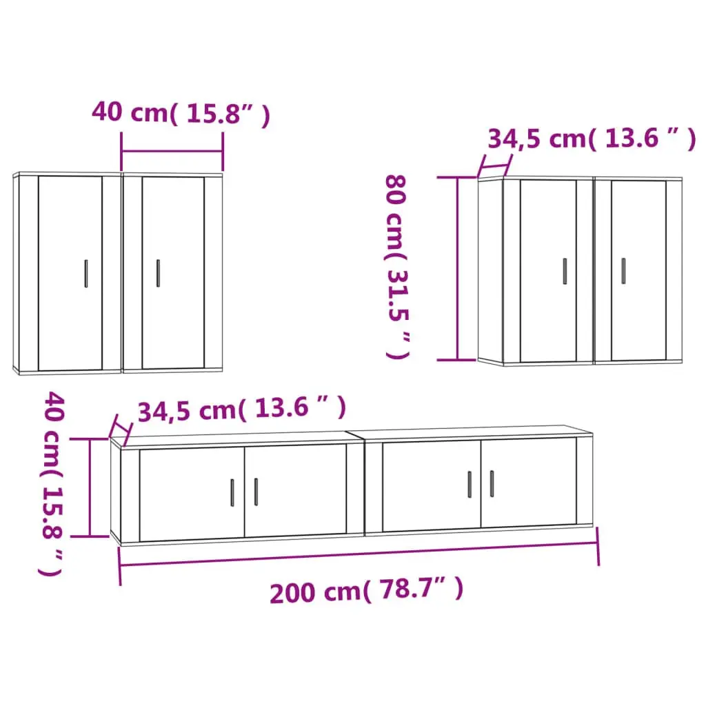 TV Cabinet Set 6 Piece White Wall-Mounted Storage Unit Living Room Furniture