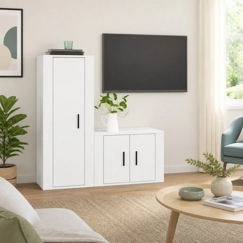 White Wall-Mounted TV Cabinet Set, 2 Pieces