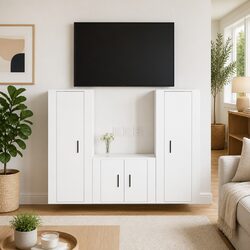 TV Cabinet Set 3 Piece White Wall-Mounted Media Storage Unit Engineered Wood