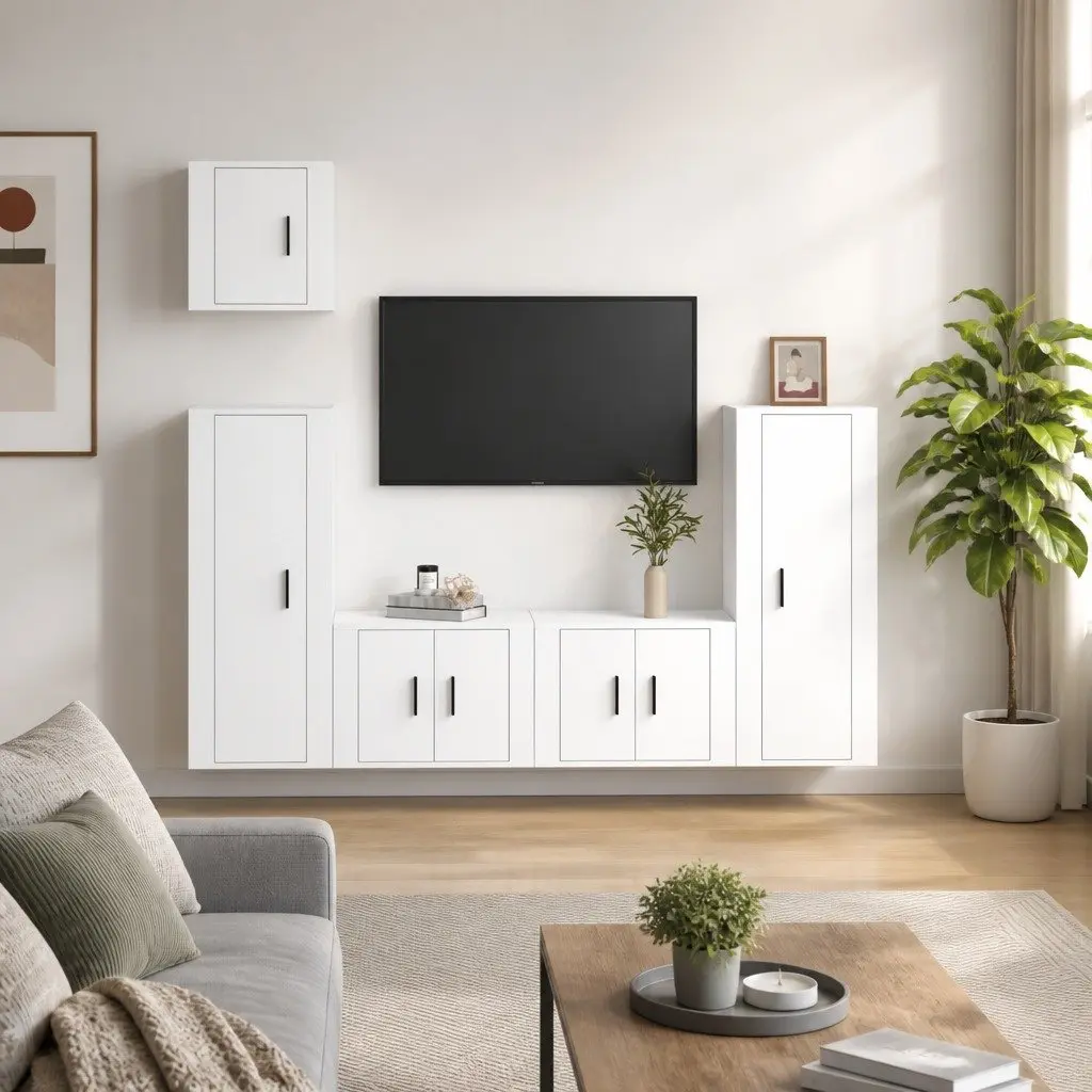 5 Piece TV Cabinet Set White Wall-Mounted Media Storage Unit Engineered Wood