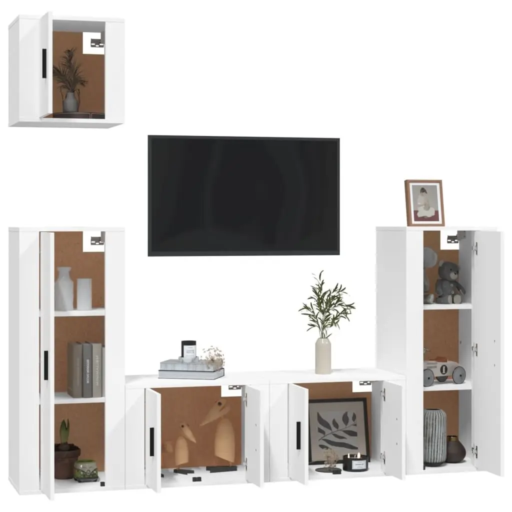 5 Piece TV Cabinet Set White Wall-Mounted Media Storage Unit Engineered Wood