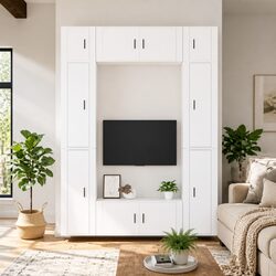 Concise 8-Piece Wall-Mounted White TV Storage Unit