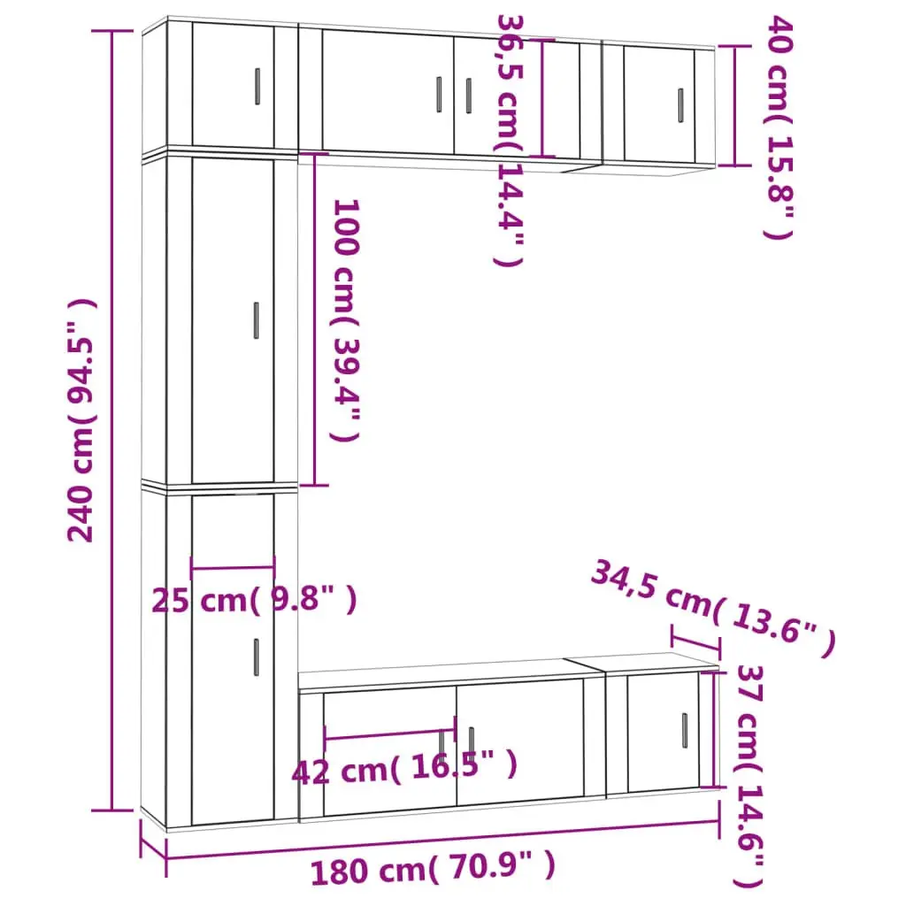 Wall-Mounted TV Cabinet Set 7 Piece White Engineered Wood Media Storage Unit
