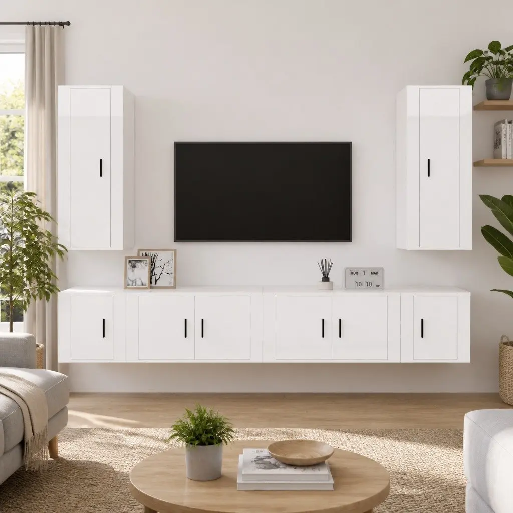 6 Piece TV Cabinet Set Wall-Mounted Media Storage High Gloss White Wood Units