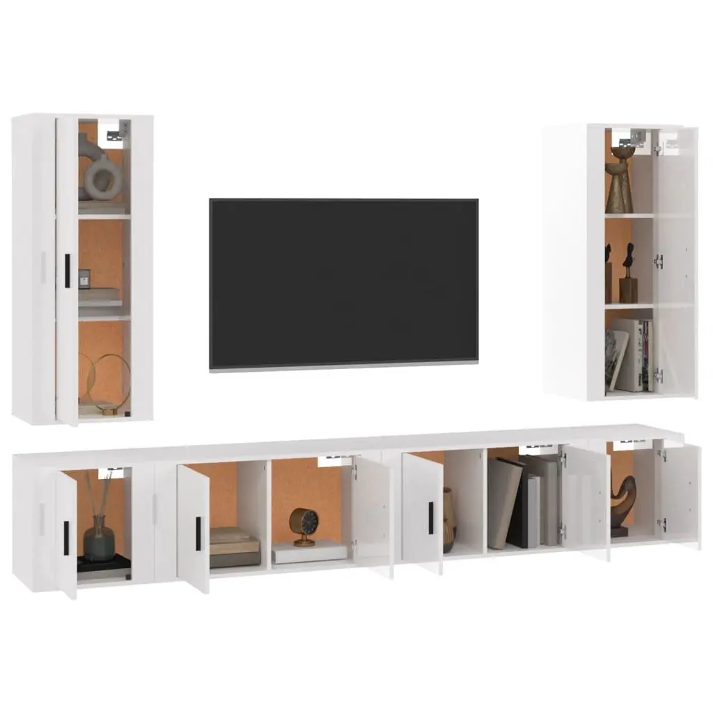 6 Piece TV Cabinet Set Wall-Mounted Media Storage High Gloss White Wood Units