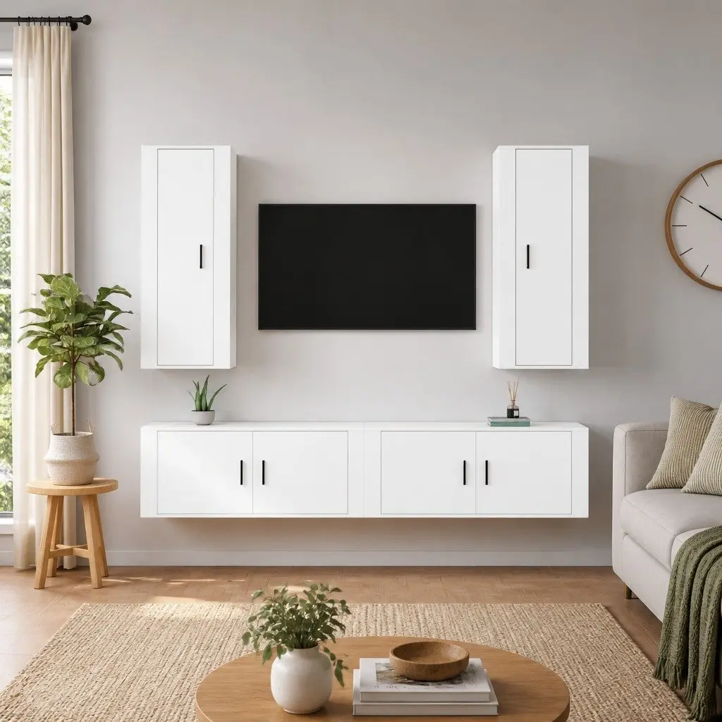 4 Piece TV Cabinet Set Wall Mounted Storage Media Unit White Engineered Wood