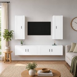4 Piece TV Cabinet Set Wall Mounted Storage Media Unit White Engineered Wood