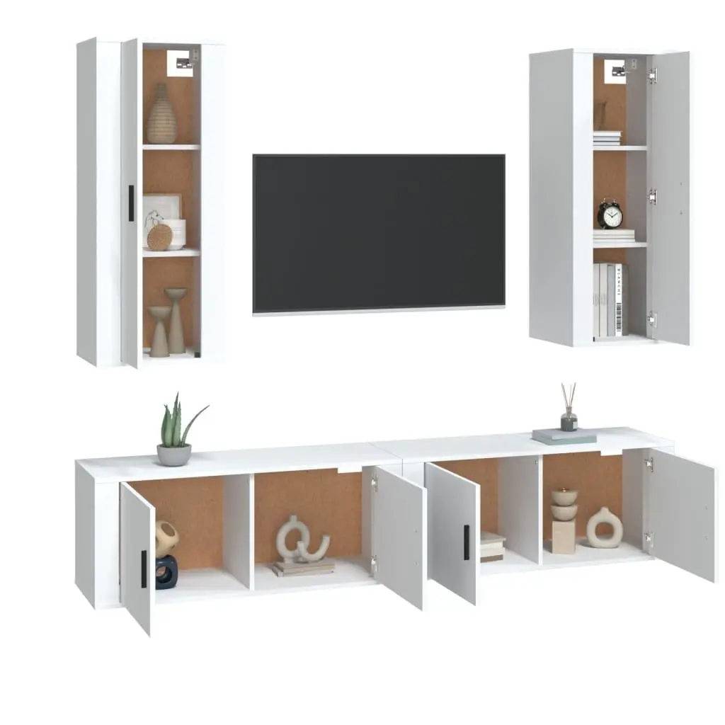 4 Piece TV Cabinet Set Wall Mounted Storage Media Unit White Engineered Wood