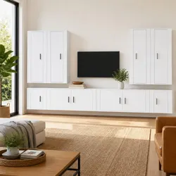 Concise White Wall-Mounted TV Cabinet Set with 8 Pieces