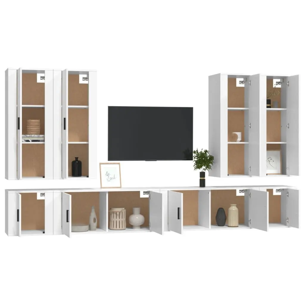 Wall-Mounted TV Cabinet Set White 8 Piece Engineered Wood Media Storage Units
