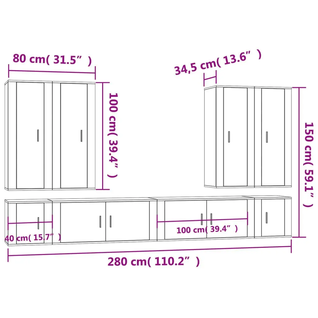 Wall-Mounted TV Cabinet Set White 8 Piece Engineered Wood Media Storage Units