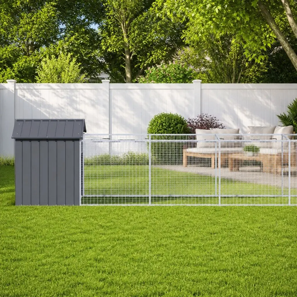 Dog House with Run Anthracite Galvanised Steel Pet Kennel Outdoor Cage Enclosure