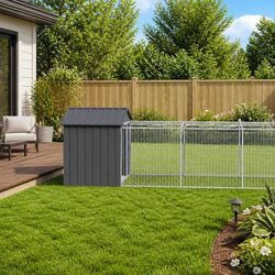 Dog House with Run Anthracite Galvanised Steel Outdoor Pet Kennel Cage Shelter
