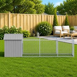 Dog House with Run Roof Grey Large Outdoor Pet Kennel Galvanised Steel Enclosure
