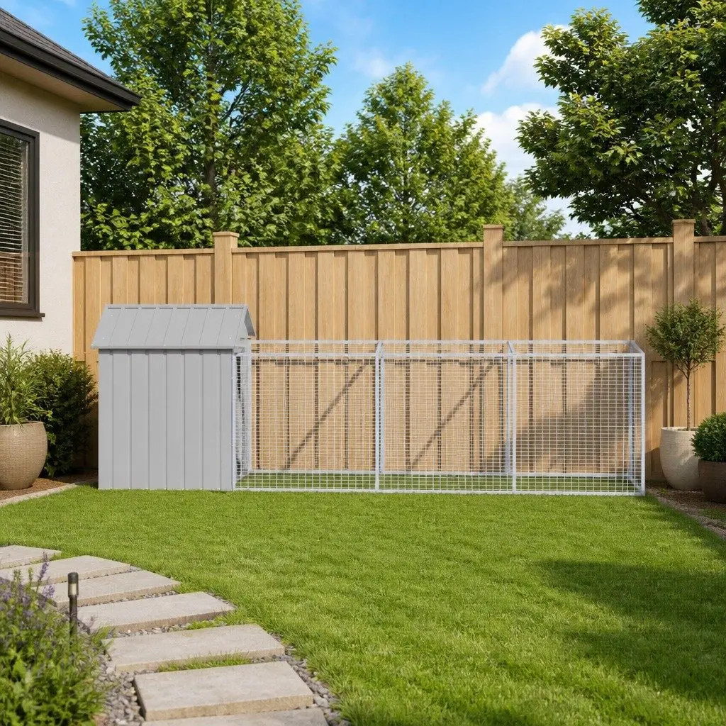 Dog House Light Grey Galvanised Steel Outdoor with Run Mesh Roof