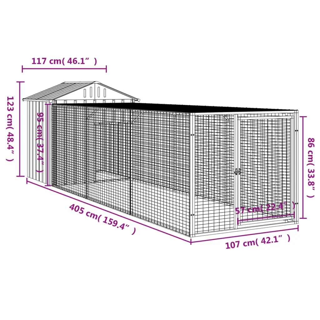 Chicken Cage Grey 117x405x123 cm Galvanised Steel Coop with Extended Run