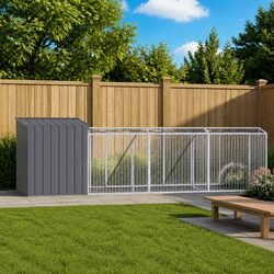 Dog House with Run Anthracite Galvanised Steel Pet Cage Outdoor Kennel Enclosure