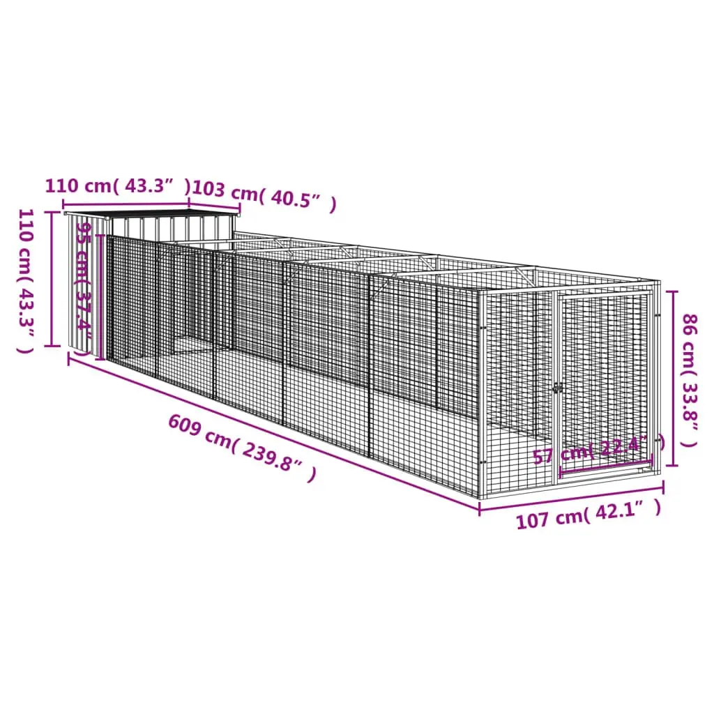 Dog House with Run Anthracite Galvanised Steel Outdoor Kennel Enclosure