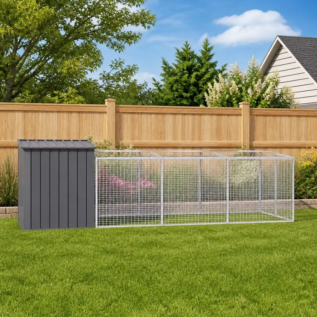 Outdoor Pet Kennel Anthracite 110x122x110cm Galvanised Steel Dog House with Run for Safety and Comfort