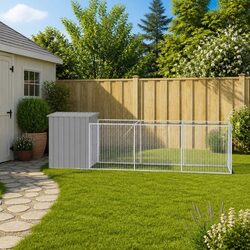 Light Grey Outdoor Dog House with Run - Easy Access