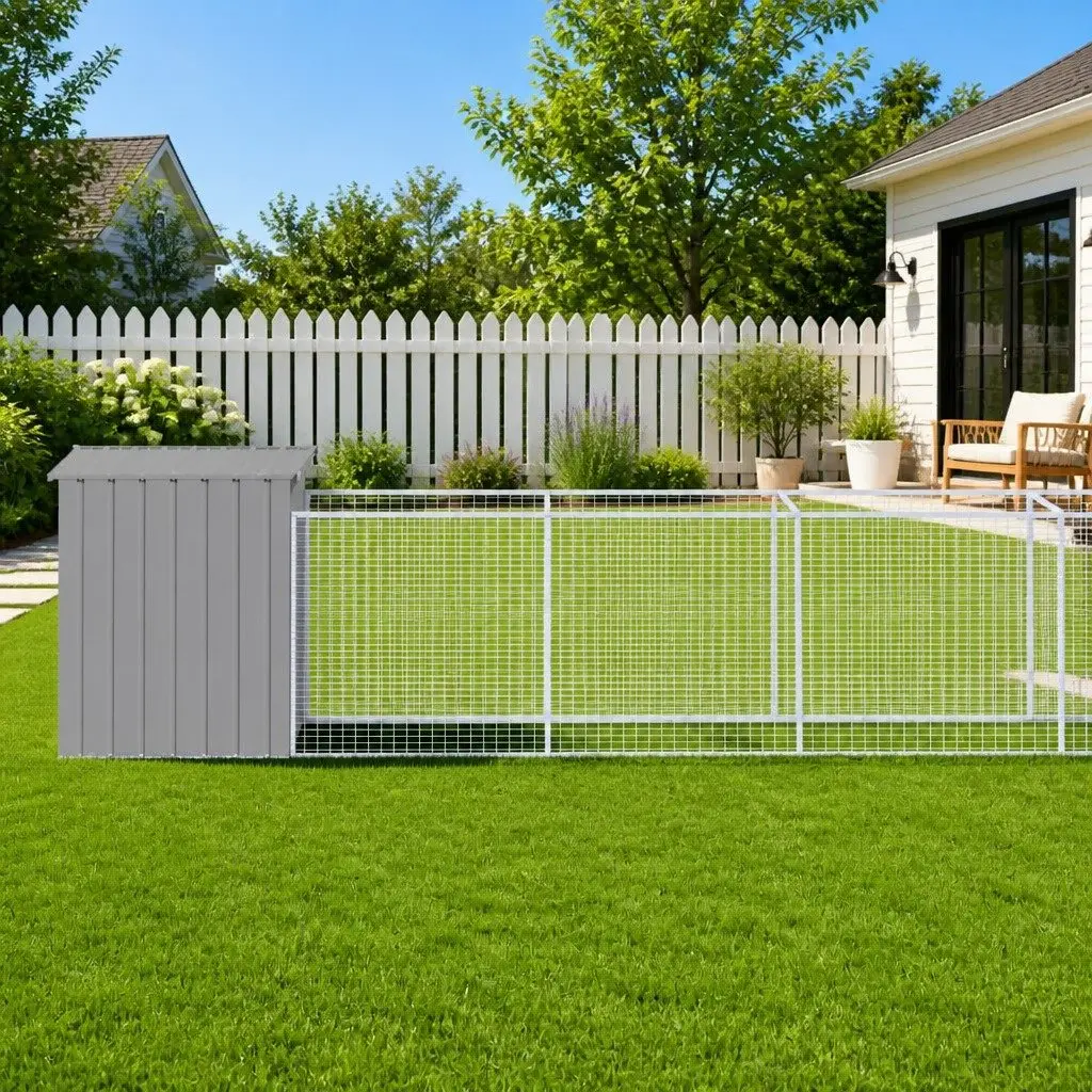 Dog House with Run Light Grey Galvanised Steel Outdoor Pet Kennel Enclosure