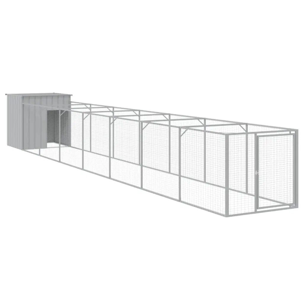 Dog House with Run Light Grey Galvanised Steel Outdoor Pet Kennel Enclosure