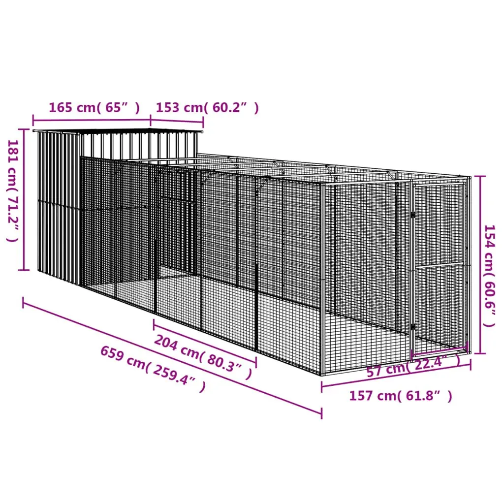 Dog Kennel Anthracite Large Galvanised Steel Outdoor House with Run