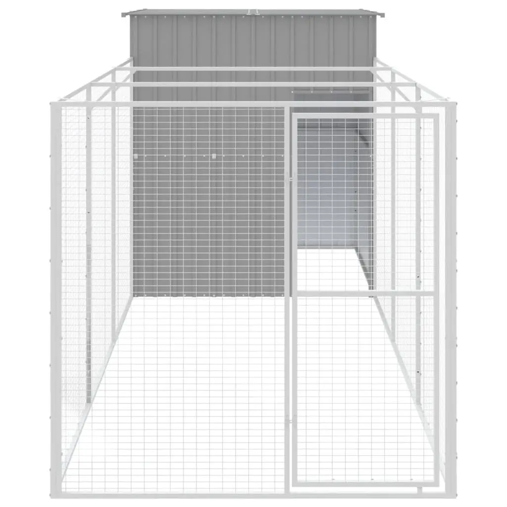 Dog House with Run Light Grey Galvanised Steel Outdoor Pet Kennel Enclosure
