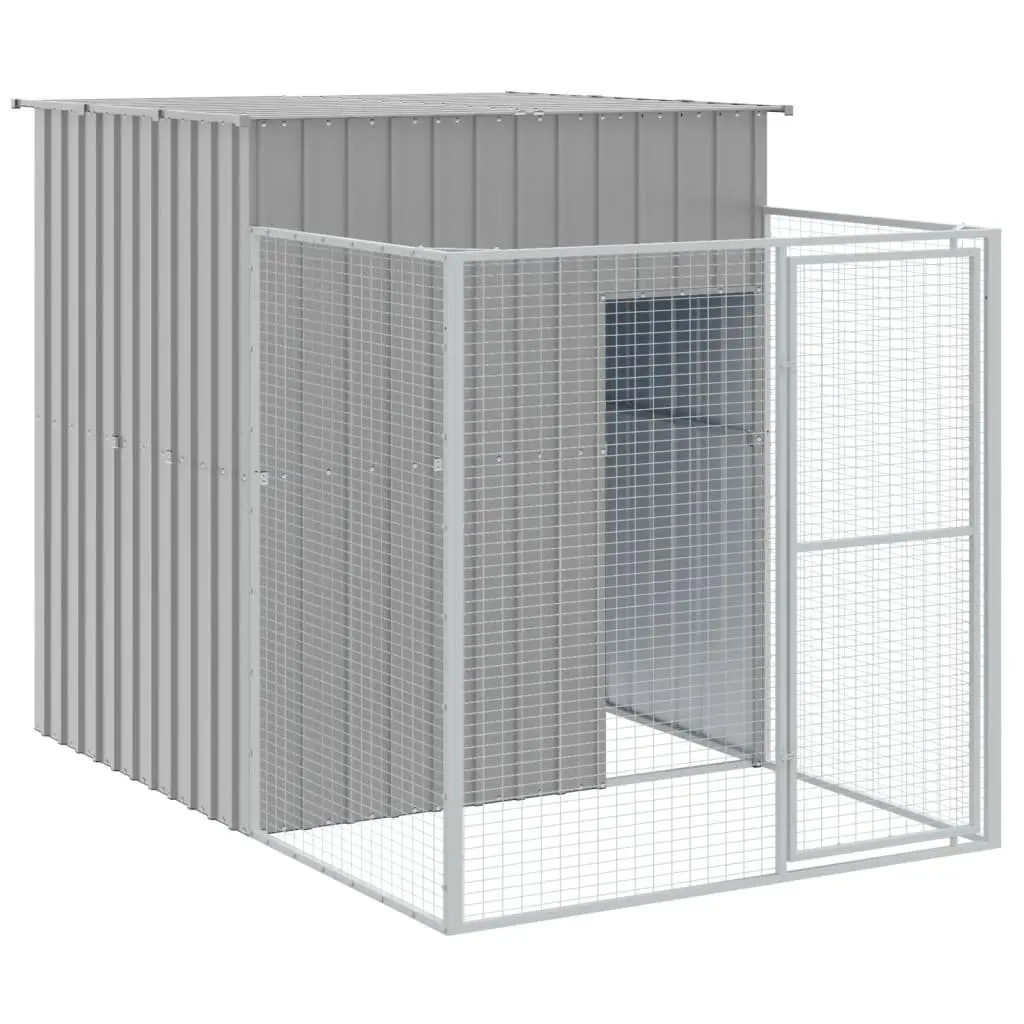 Dog House with Run Light Grey Galvanised Steel Outdoor Pet Kennel Enclosure