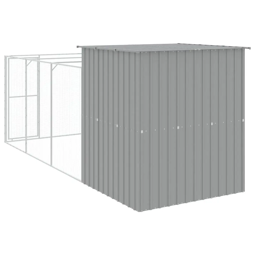 Dog House with Run Light Grey Galvanised Steel Outdoor Pet Kennel Enclosure