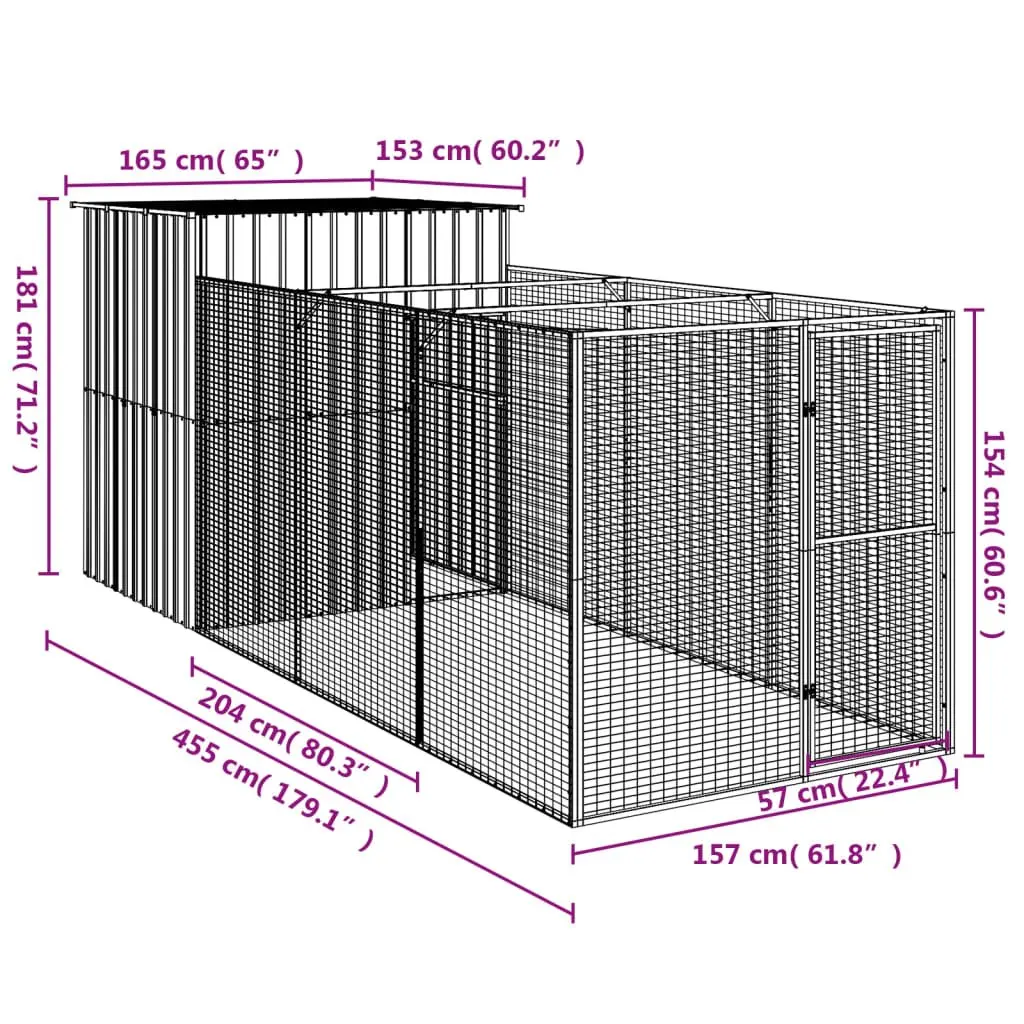 Dog House with Run Light Grey Galvanised Steel Outdoor Pet Kennel Enclosure