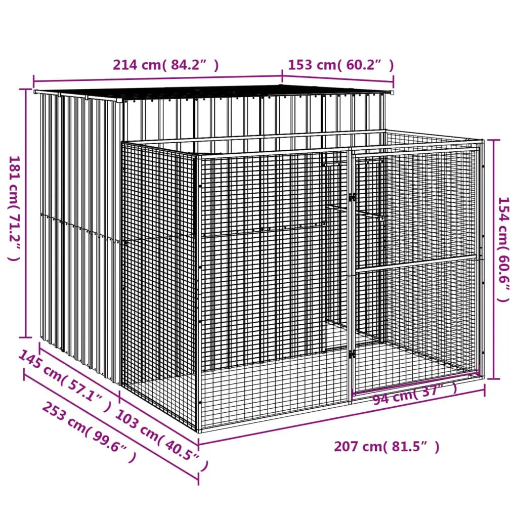 Dog House Anthracite Galvanised Steel Outdoor Kennel with Extended Run