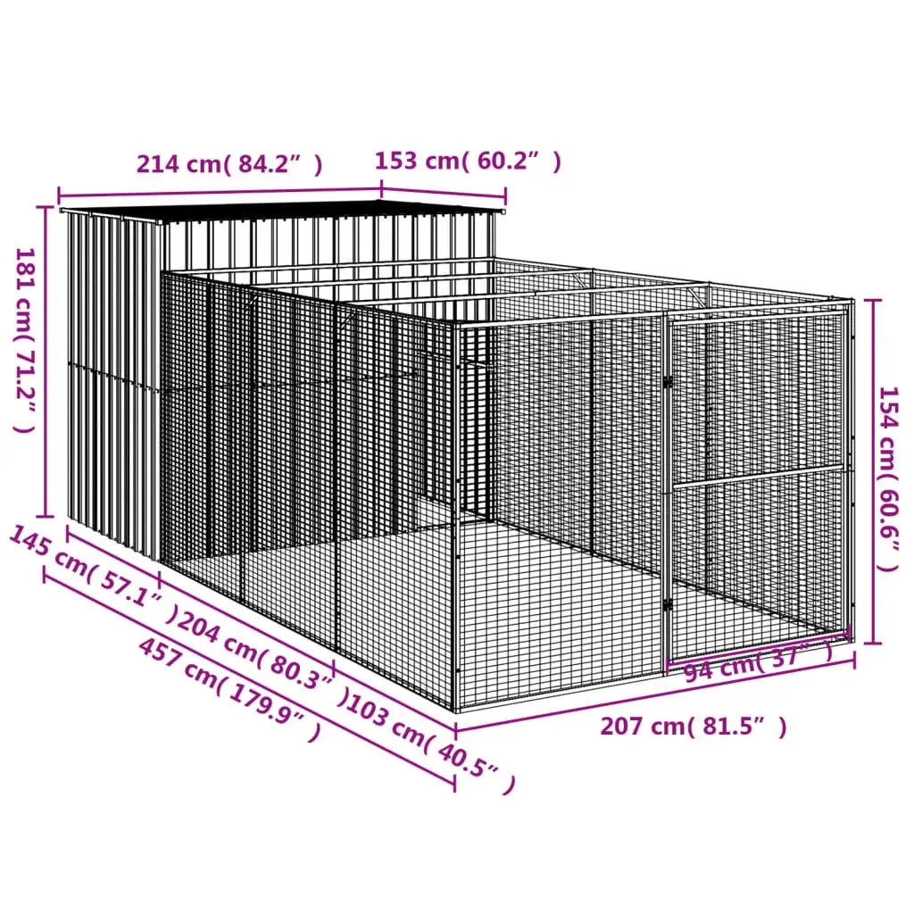 Dog Kennel Anthracite Large Galvanised Steel Outdoor Cage with Run