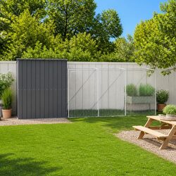Dog House with Run Anthracite Galvanised Steel Outdoor Pet Enclosure Kennel
