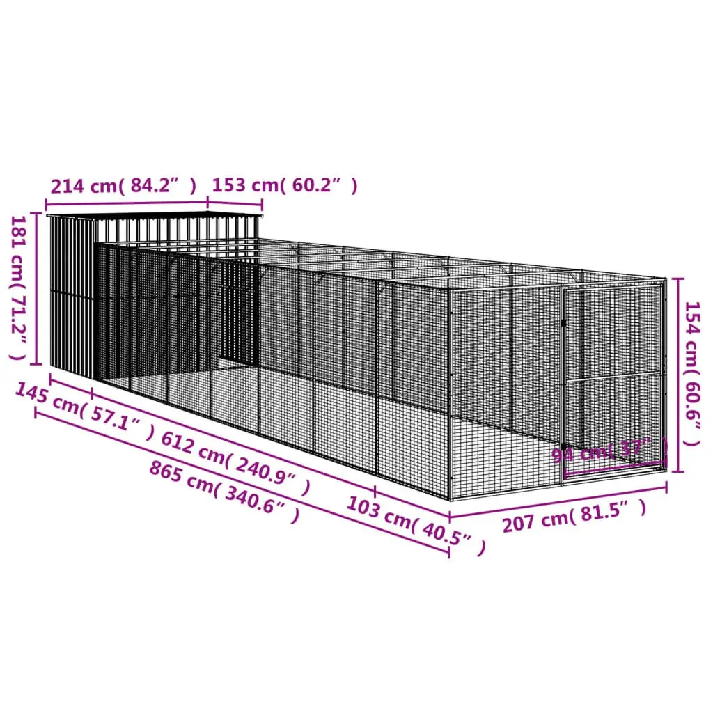 Dog Kennel Anthracite Galvanised Steel Outdoor House with Run for Safety and Comfort