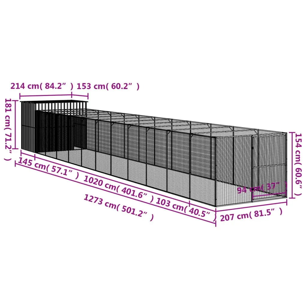 Dog House with Run Anthracite Galvanised Steel Outdoor Shelter